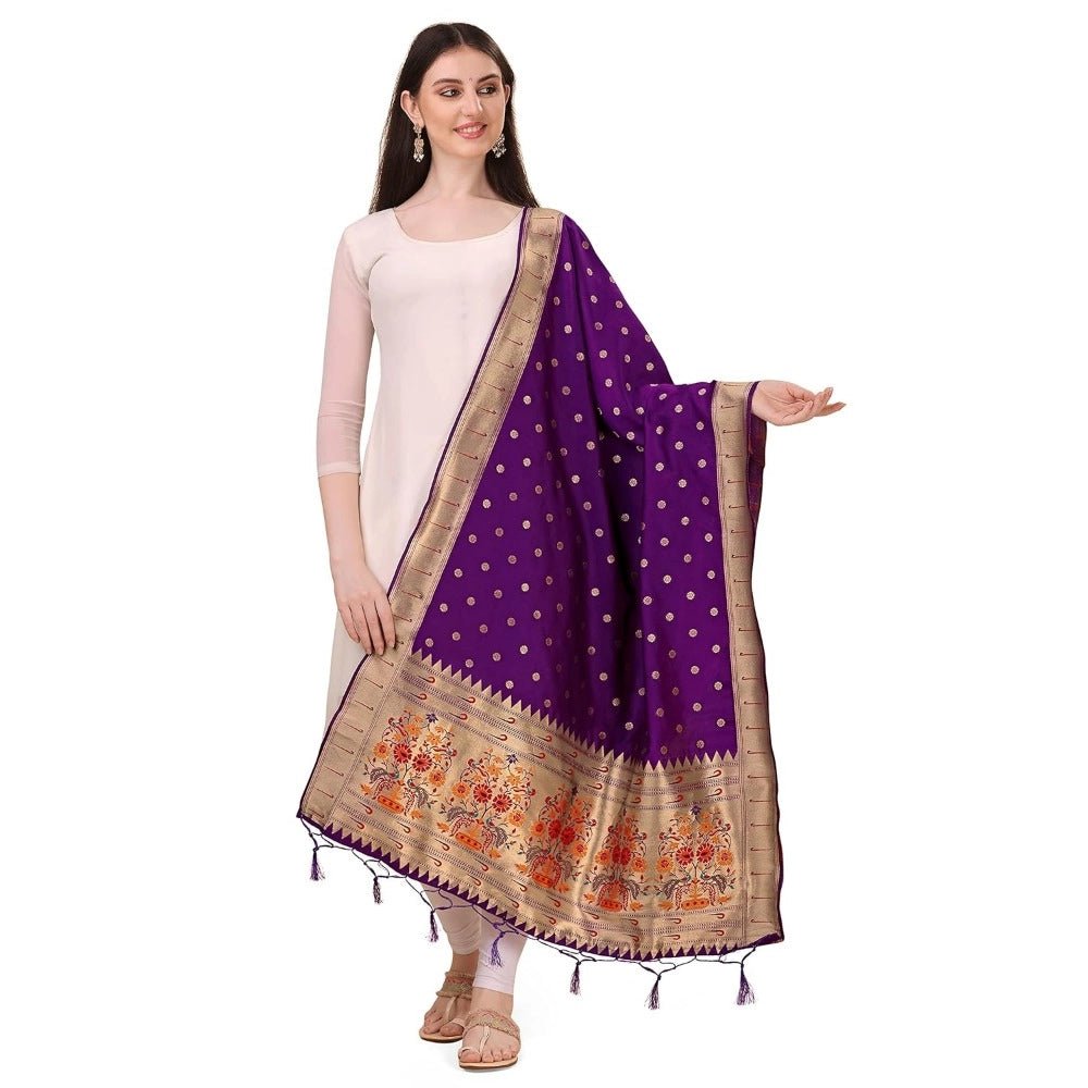 Generic Women's Silk Pure Zari weaving Duppatta (Purple, Length: 2 - 2.3 Mtrs) - ElegantAlpha