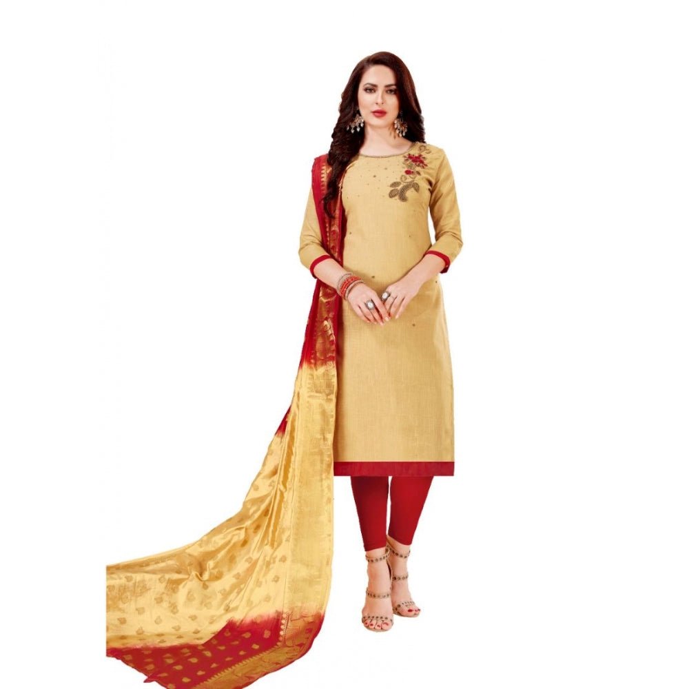 Generic Women's Slub Cotton Unstitched Salwar - Suit Material With Dupatta (Beige, 2 Mtr) - ElegantAlpha