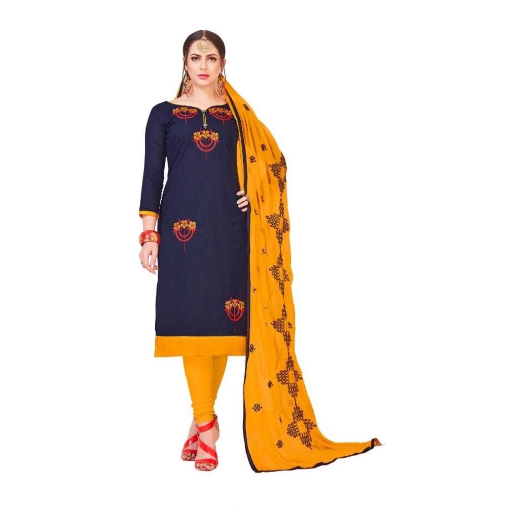 Generic Women's Slub Cotton Unstitched Salwar - Suit Material With Dupatta (Navy Blue, 2 - 2.5mtrs) - ElegantAlpha