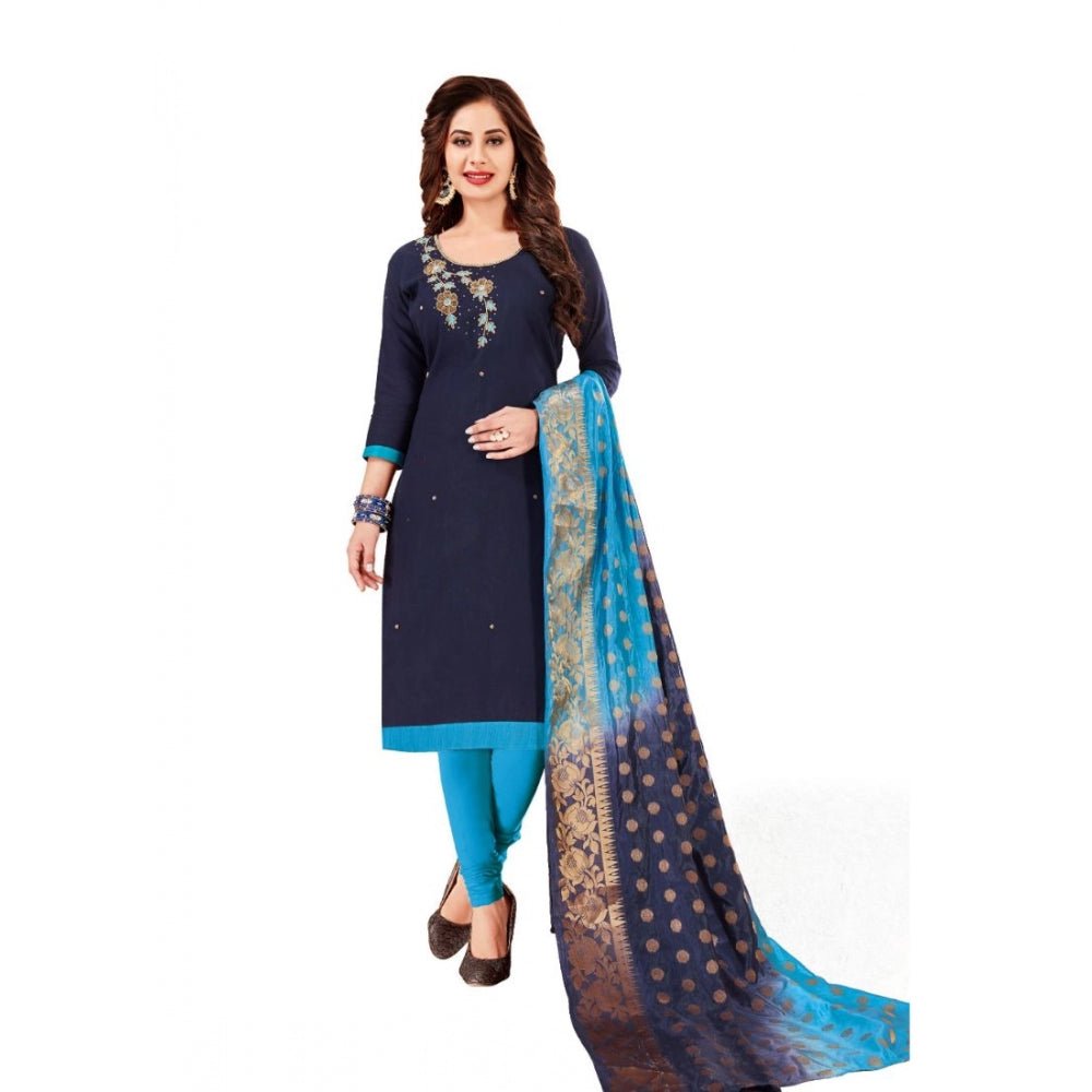 Generic Women's Slub Cotton Unstitched Salwar - Suit Material With Dupatta (Navy Blue, 2 Mtr) - ElegantAlpha