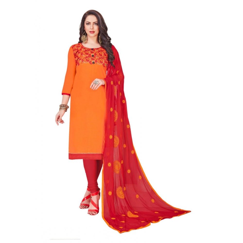 Generic Women's Slub Cotton Unstitched Salwar - Suit Material With Dupatta (Orange, 2 Mtr) - ElegantAlpha