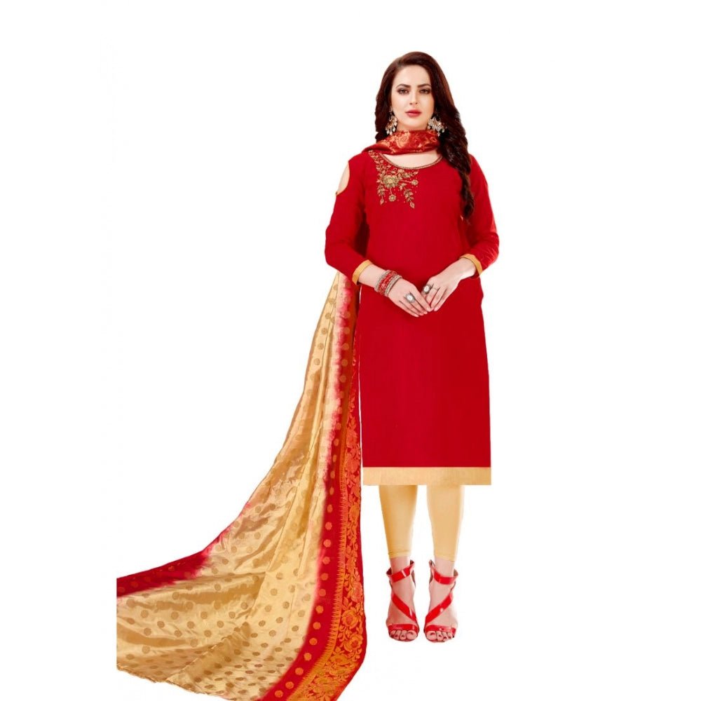 Generic Women's Slub Cotton Unstitched Salwar - Suit Material With Dupatta (Red, 2 - 2.5mtrs) - ElegantAlpha