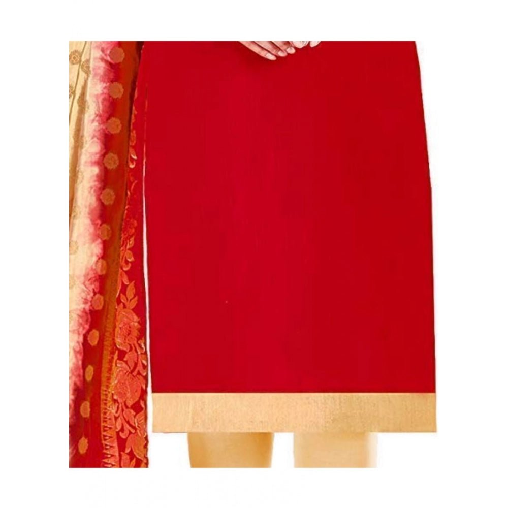 Generic Women's Slub Cotton Unstitched Salwar - Suit Material With Dupatta (Red, 2 Mtr) - ElegantAlpha