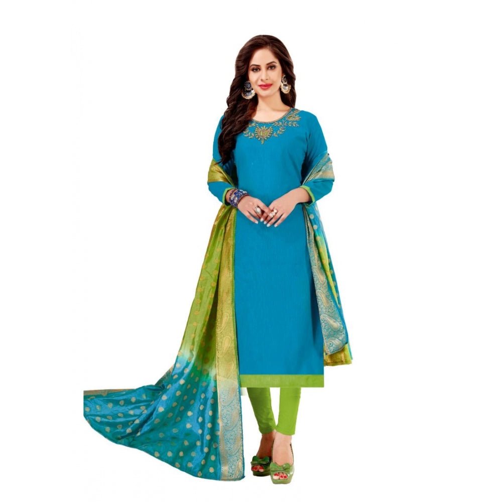 Generic Women's Slub Cotton Unstitched Salwar - Suit Material With Dupatta (Sky Blue, 2 Mtr) - ElegantAlpha