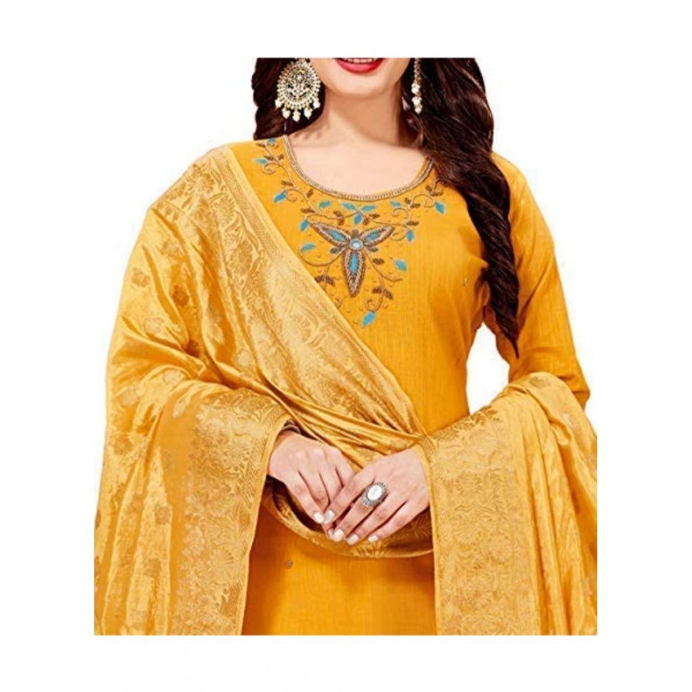 Generic Women's Slub Cotton Unstitched Salwar - Suit Material With Dupatta (Yellow, 2 Mtr) - ElegantAlpha