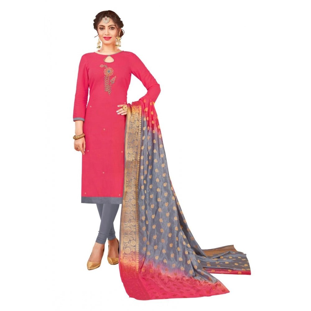 Generic Women's South Slub Cotton Unstitched Salwar - Suit Material With Dupatta (Pink, 2 - 2.5mtrs) - ElegantAlpha