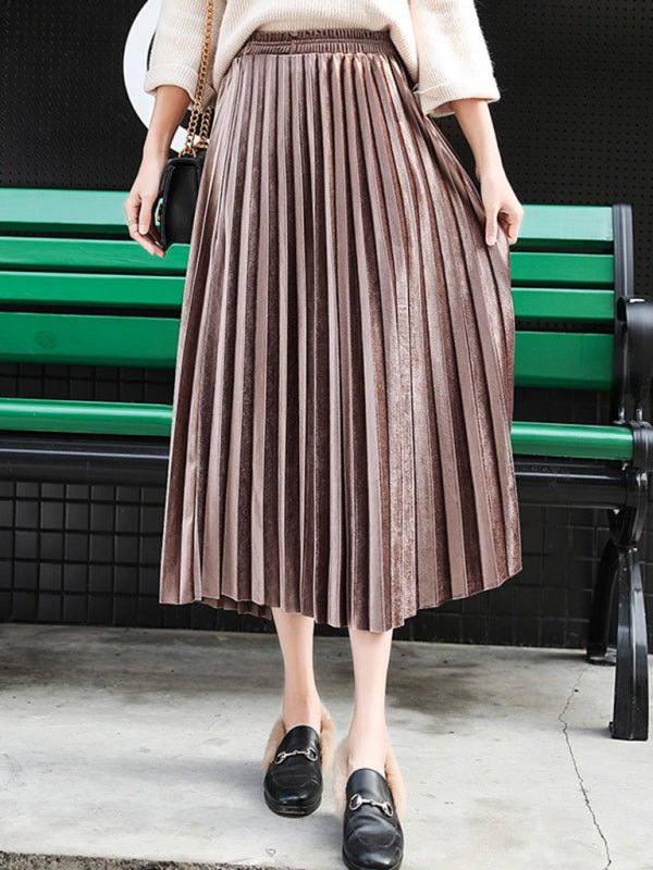 Gold velvet pleated skirt with wide hem - ElegantAlpha®