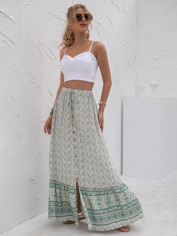 High Waist Printed Breasted Button Slit Skirt - ElegantAlpha®