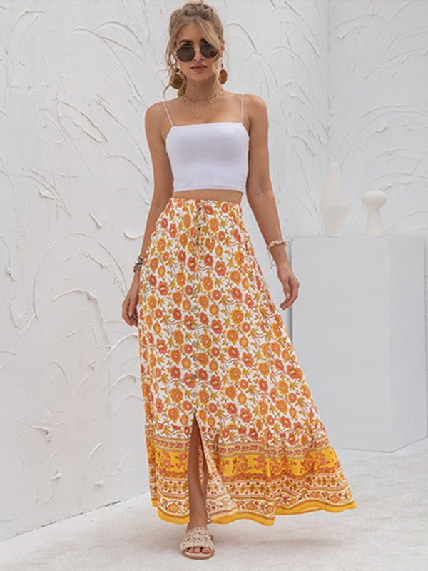 High Waist Printed Breasted Button Slit Skirt - ElegantAlpha®