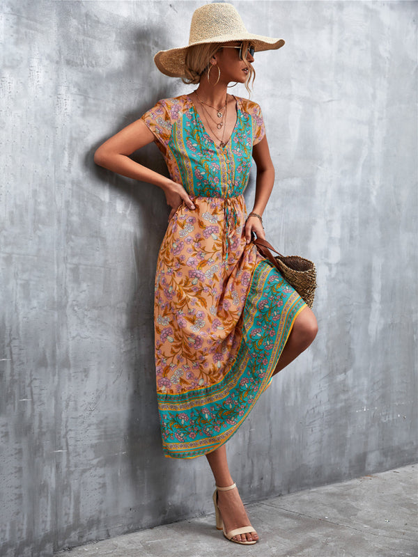 Woven V - Neck Long Bohemian Dress - ElegantAlpha