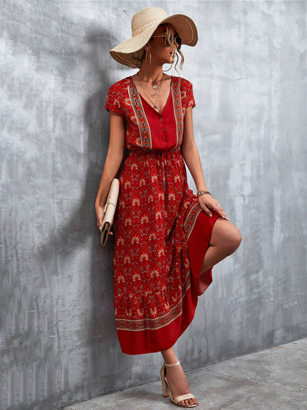 Woven V - Neck Long Bohemian Dress - ElegantAlpha