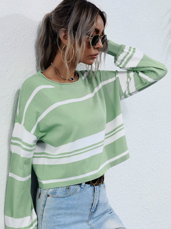 knitted bottoming striped, green sweater - ElegantAlpha®