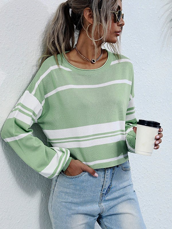 knitted bottoming striped, green sweater - ElegantAlpha®