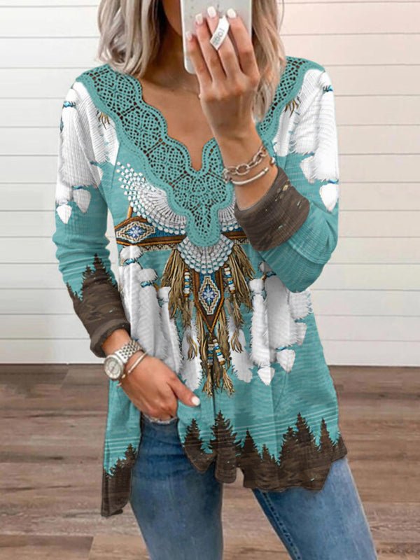 Knitted Ethnic Aztec Print Lace Top - ElegantAlpha®