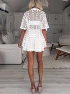 Lace hollow short - sleeved cardigan + shorts two - piece suit - ElegantAlpha