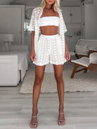 Lace hollow short - sleeved cardigan + shorts two - piece suit - ElegantAlpha