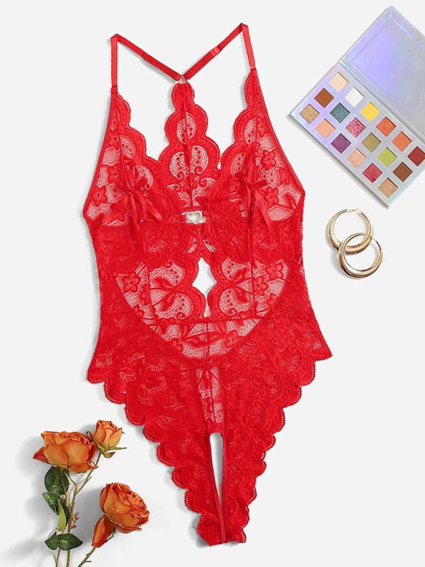 Lace see - through crotch - free one - piece set - ElegantAlpha