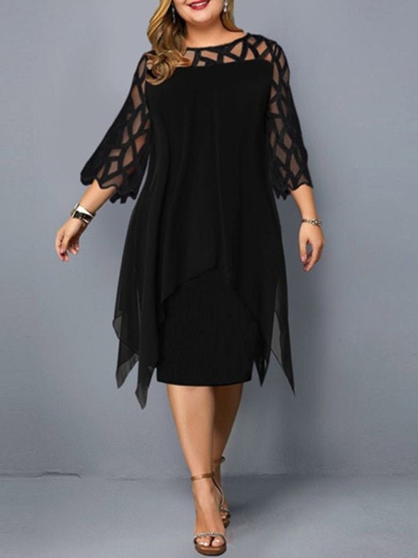 Lace Stitching Sleeve Irregular Hem Chiffon Dress - ElegantAlpha