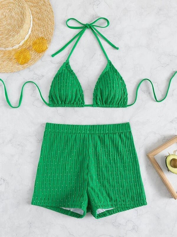 Lace - up textured two - piece bikini - ElegantAlpha