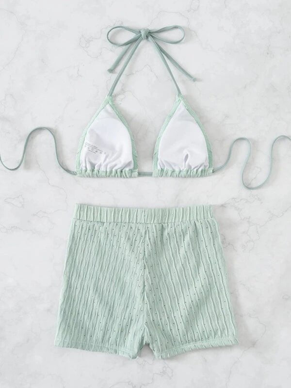 Lace - up textured two - piece bikini - ElegantAlpha