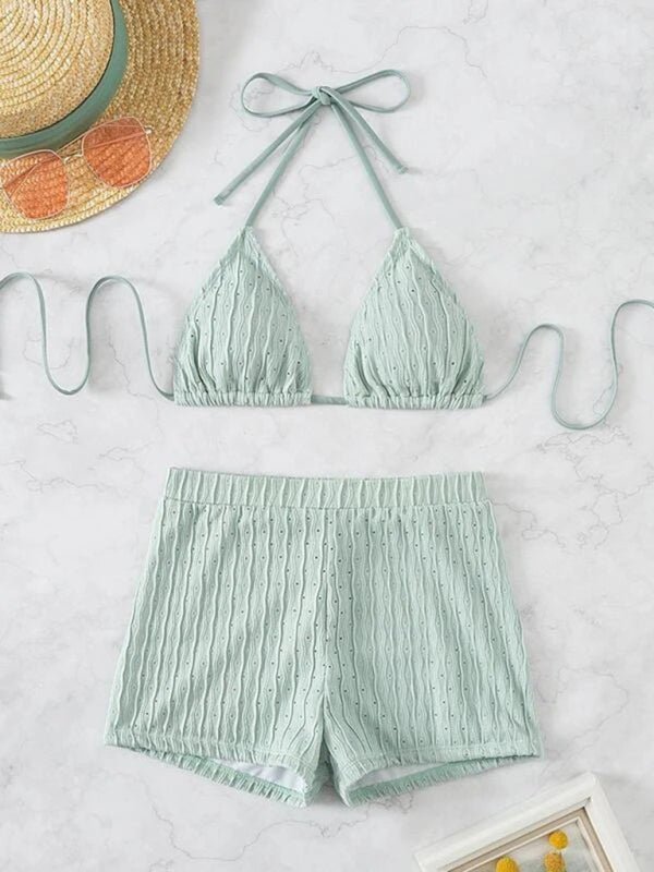 Lace - up textured two - piece bikini - ElegantAlpha