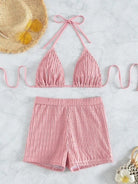 Lace - up textured two - piece bikini - ElegantAlpha