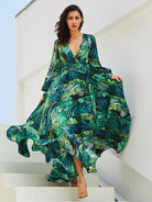 Lantern Sleeve V Necktie Leaf Print Dress - ElegantAlpha®