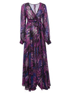 Lantern Sleeve V Necktie Leaf Print Dress - ElegantAlpha®