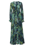 Lantern Sleeve V Necktie Leaf Print Dress - ElegantAlpha®