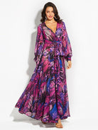 Lantern Sleeve V Necktie Leaf Print Dress - ElegantAlpha®