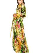 Lantern Sleeve V Necktie Leaf Print Dress - ElegantAlpha®