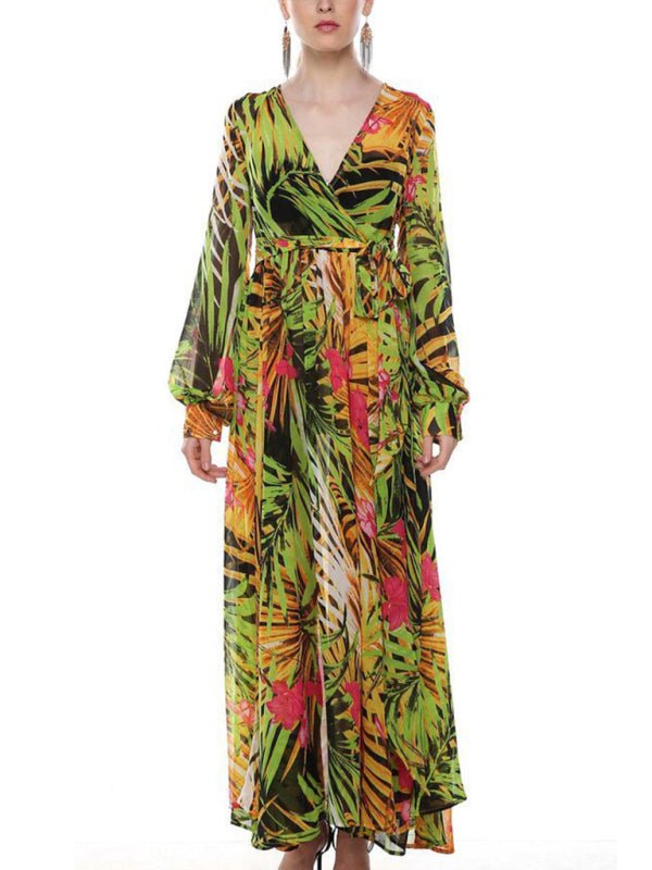 Lantern Sleeve V Necktie Leaf Print Dress - ElegantAlpha®