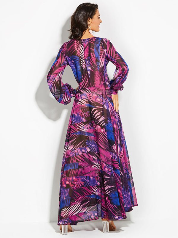 Lantern Sleeve V Necktie Leaf Print Dress - ElegantAlpha®