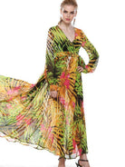 Lantern Sleeve V Necktie Leaf Print Dress - ElegantAlpha®