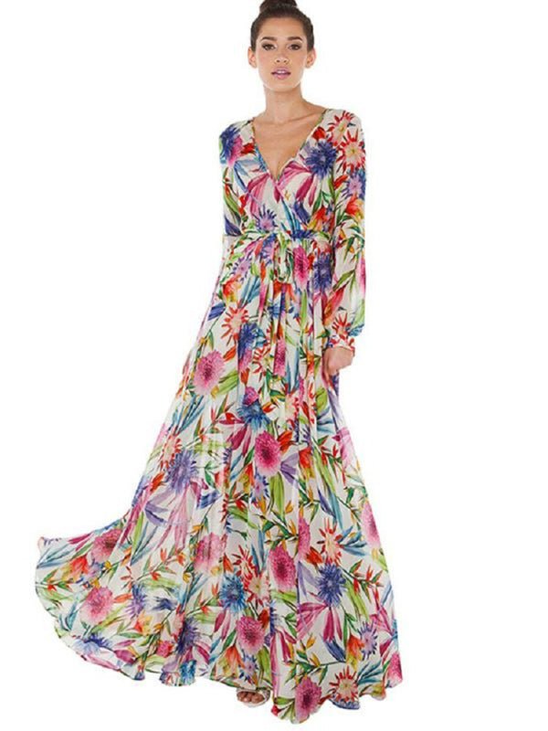 Lantern Sleeve V Necktie Leaf Print Dress - ElegantAlpha®