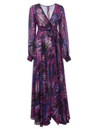 Lantern Sleeve V Necktie Leaf Print Dress - ElegantAlpha