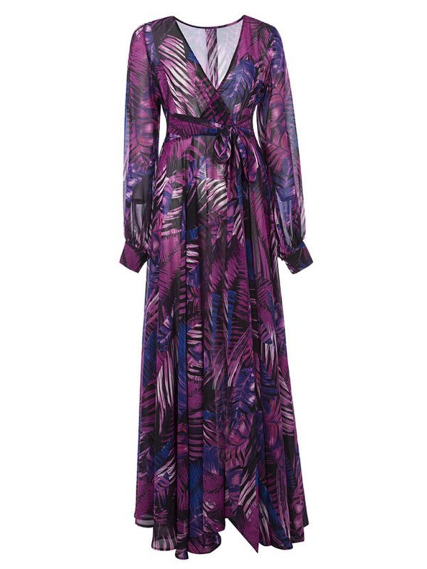 Lantern Sleeve V Necktie Leaf Print Dress - ElegantAlpha