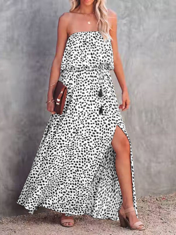 Leopard print one - shoulder ruffle slit dress - ElegantAlpha®