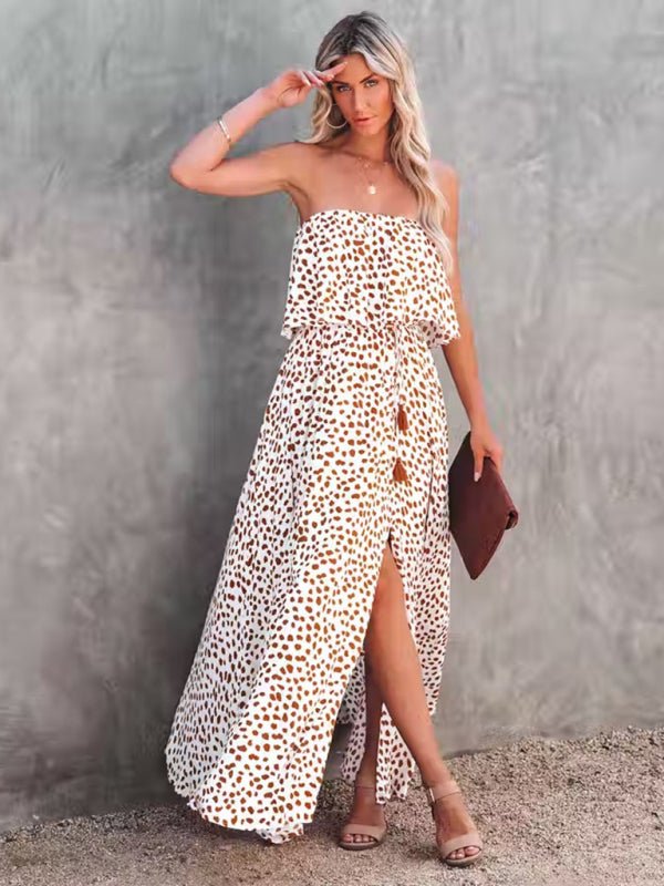 Leopard print one - shoulder ruffle slit dress - ElegantAlpha®