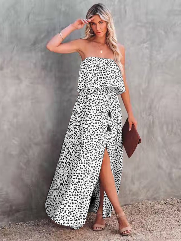 Leopard print one - shoulder ruffle slit dress - ElegantAlpha®