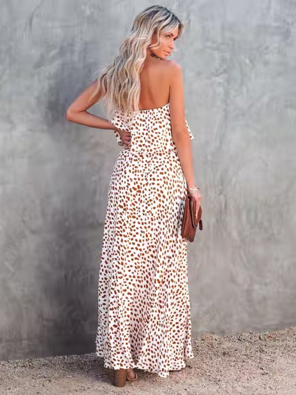 Leopard print one - shoulder ruffle slit dress - ElegantAlpha®