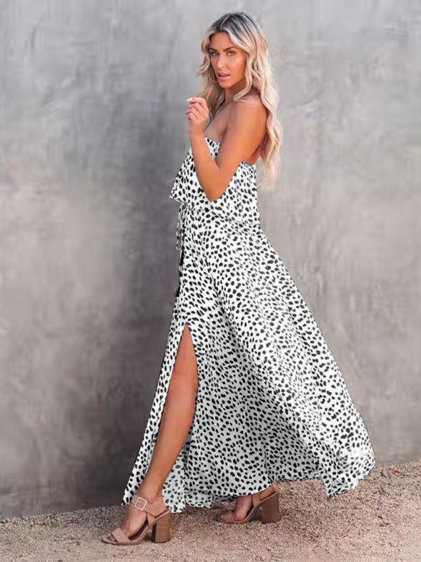 Leopard print one - shoulder ruffle slit dress - ElegantAlpha®