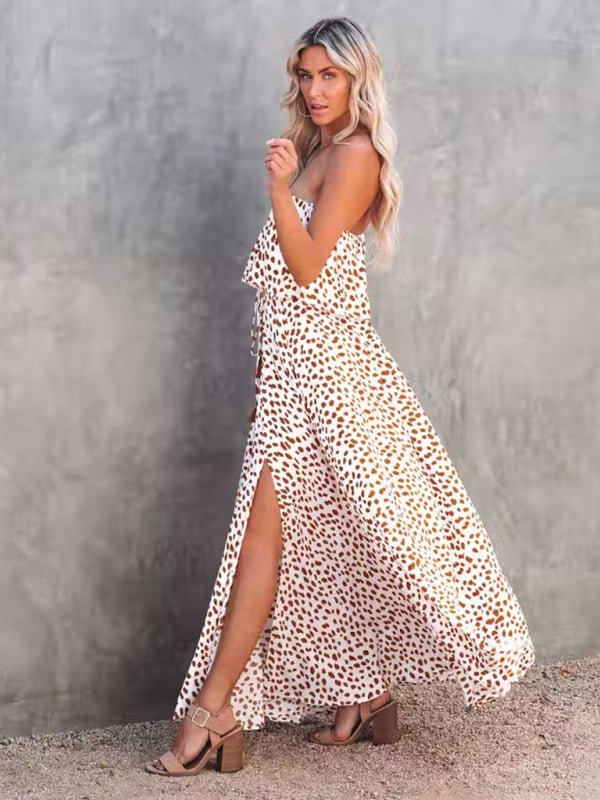 Leopard print one - shoulder ruffle slit dress - ElegantAlpha