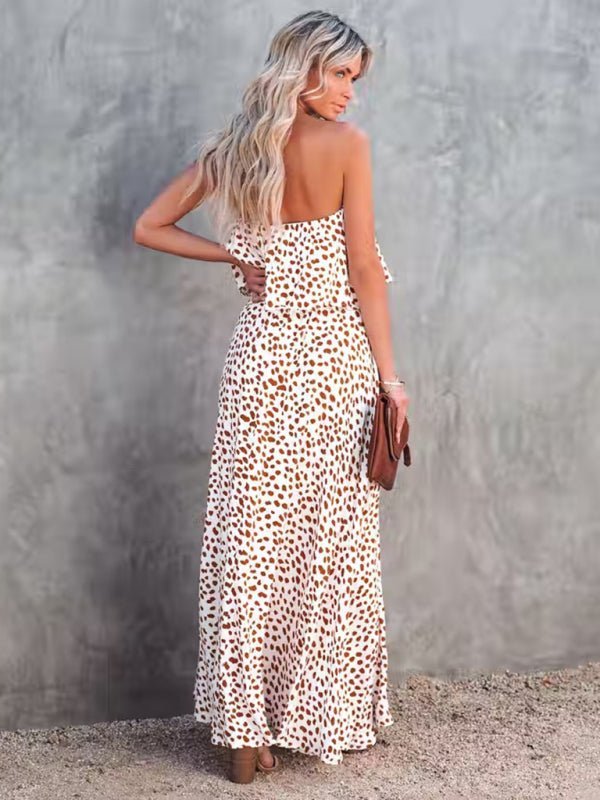 Leopard print one - shoulder ruffle slit dress - ElegantAlpha