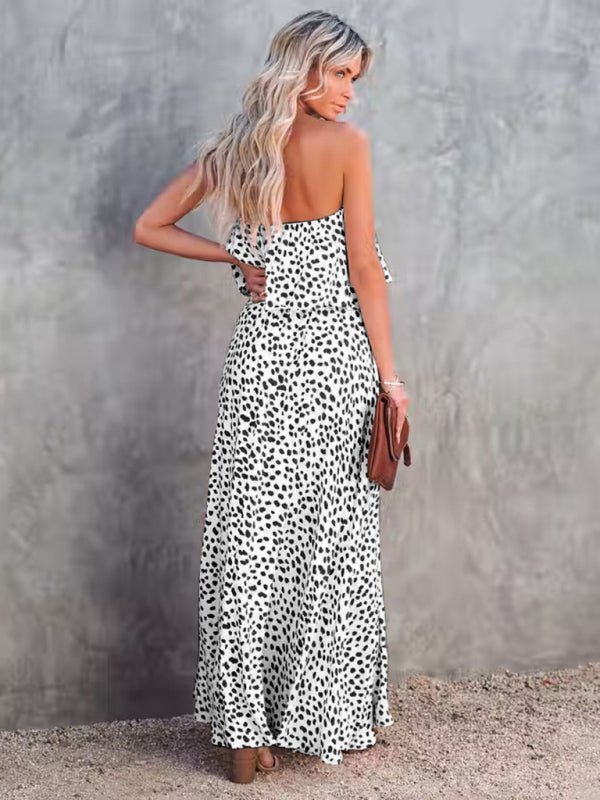 Leopard print one - shoulder ruffle slit dress - ElegantAlpha