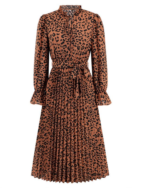 Leopard print stand collar lace up pleated skirt i dress - ElegantAlpha