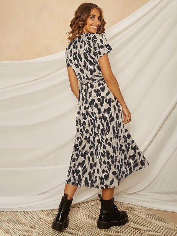 Leopard Print V Lace - Up Dress - ElegantAlpha