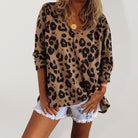 Leopard print V - neck long - sleeved T - shirt - ElegantAlpha®