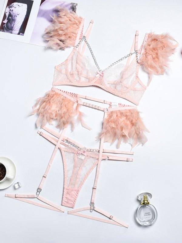 Lingerie - Lace Feather Four - piece Set - ElegantAlpha