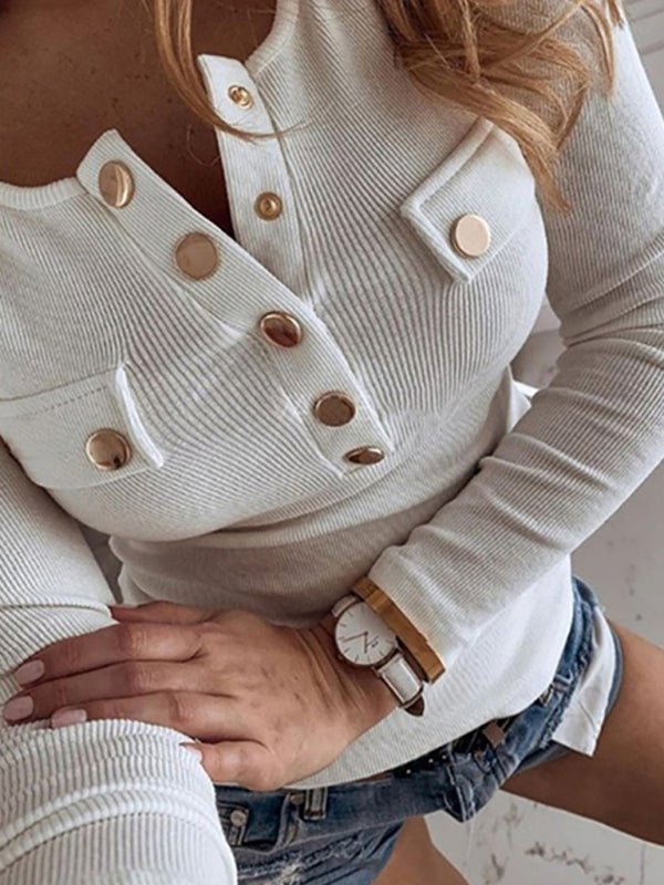 Long Sleeve Button Knit Top - ElegantAlpha®